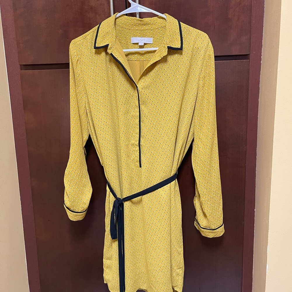LOFT Yellow Long Sleeve Shirt Dress with Notched Collar